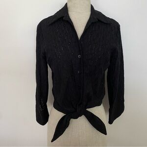 VINTAGE Black Eyelet Tie Front Top